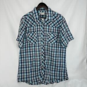 Wrangler Wrancher Mens Pearl Snap Shirt Blue Striped Short Sleeve ~XL Western